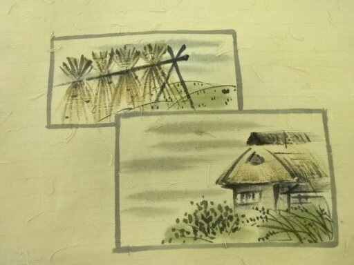 アンティーク ひげ紬手描き家屋風景模様名古屋帯【Pnt】 アンティーク ひげ紬手描き家屋風景模様名古屋帯【Pnt】