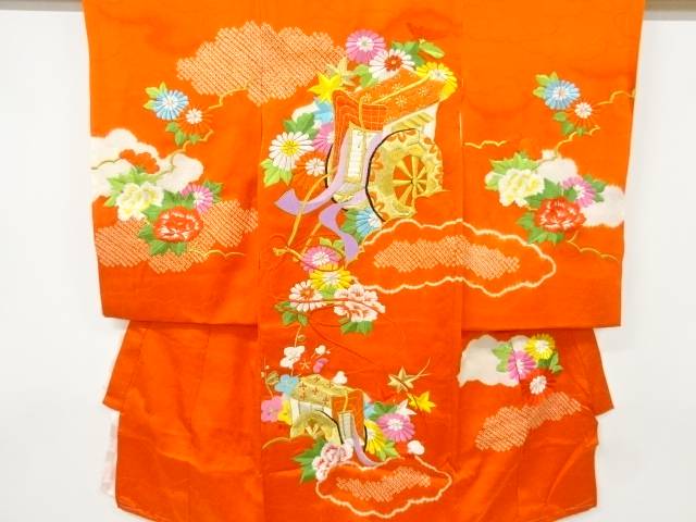 絞り御所車に菊・牡丹模様刺繍着物(内袖・長襦袢付き)【アンティーク】【中古】【着】