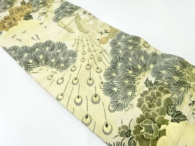孔雀に牡丹・松笹模様織出し名古屋帯（材料）【アンティーク】【中古】【着】