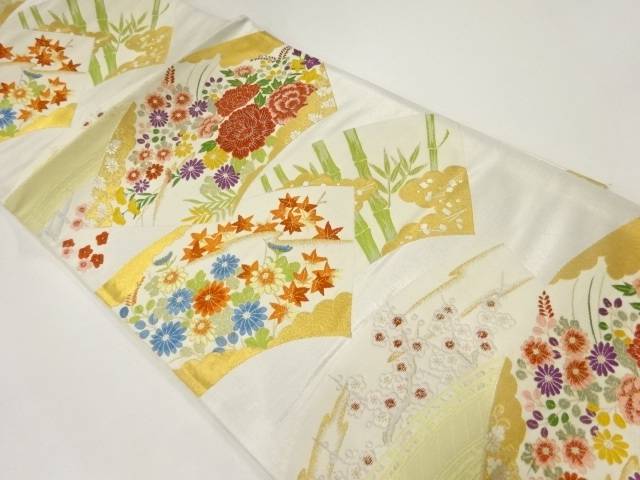 弥栄織物製　地紙に四季花模様織出し袋帯（材料）【アンティーク】【中古】【着】