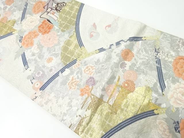 御所車に草花・鴛鴦模様織出し袋帯【リサイクル】【中古】【着】