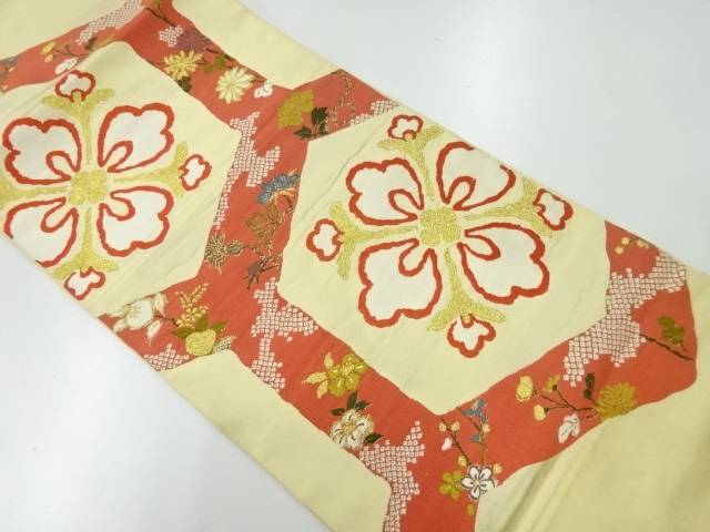亀甲に花模様織出し袋帯(材料)【アンティーク】【中古】【着】