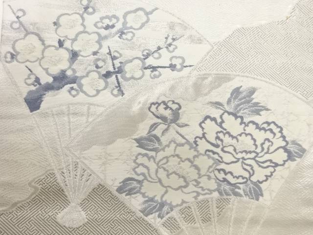 扇に牡丹・梅模様織出し名古屋帯【アンティーク】【中古】【着】