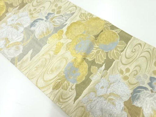 流水に菊桐模様織出し袋帯(材料)【アンティーク】【中古】【着】 流水に菊桐模様織出し袋帯(材料)【アンティーク】【中古】【着】