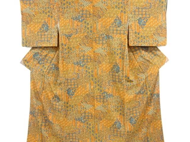 きりばめ風扇・花鳥更紗に瑞獣模様小紋着物【リサイクル】【中古】【着】