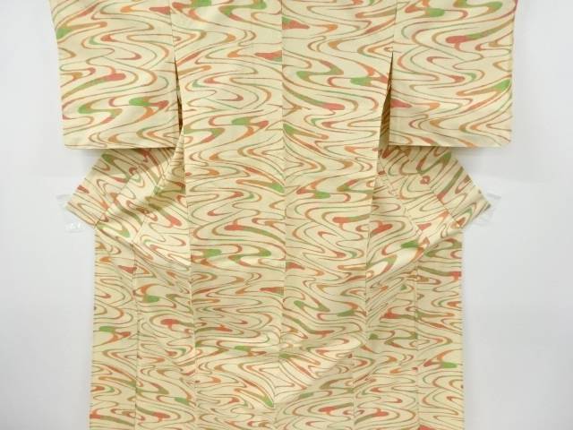 流水模様織り出し手織り紬単衣着物【リサイクル】【中古】【着】