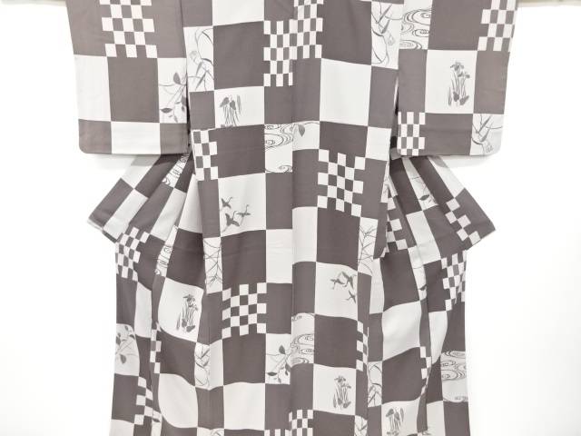 作家物 市松に草花模様小紋着物【リサイクル】【中古】【着】