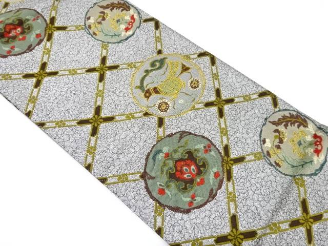丸紋に花鳥模様織り出し袋帯【中古】【着】