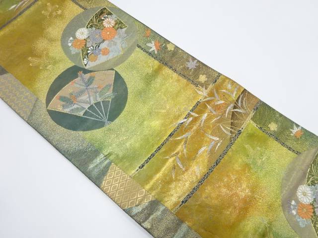丸に地紙・若松・菊模様織り出し袋帯【リサイクル】【中古】【着】