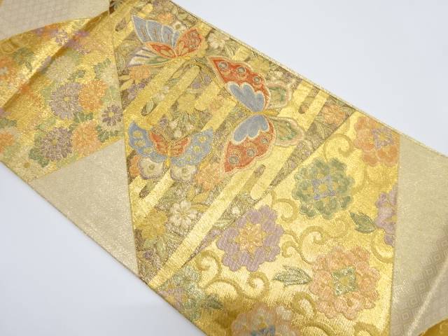 佐賀錦 切りばめ風草花に蝶模様織り出し袋帯【リサイクル】【中古】【着】