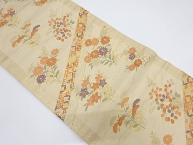 斜め縞に七宝・草花模様織り出し名古屋帯【中古】【着】