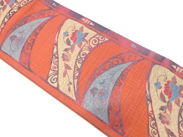 変わり横段に草花模様織り出し袋帯【中古】【着】