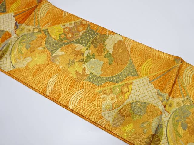 佐賀錦　扇に波・花丸文様織り出し袋帯【中古】【着】