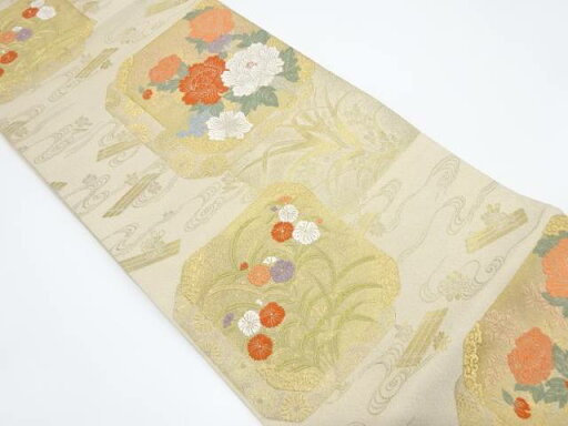 色紙に牡丹・撫子模様織り出し袋帯【中古】【着】 色紙に牡丹・撫子模様織り出し袋帯【中古】【着】