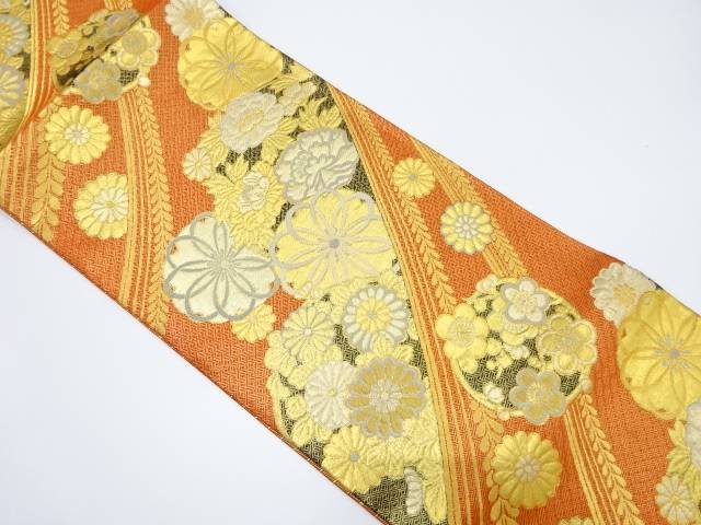 佐賀錦 梅丸紋に牡丹・菊模様織り出し袋帯【中古】【着】