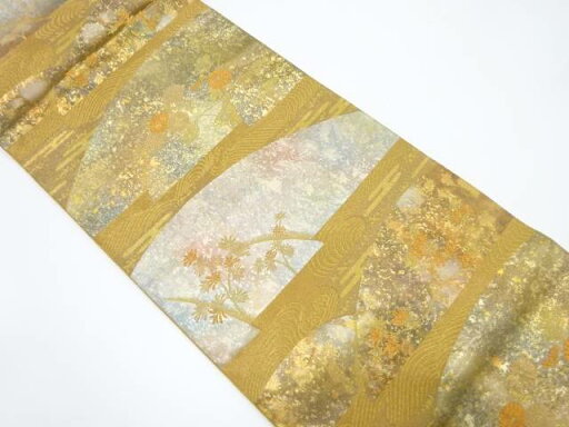引箔 山並に若松・菊・紅葉模様織り出し袋帯【中古】【着】 引箔 山並に若松・菊・紅葉模様織り出し袋帯【中古】【着】