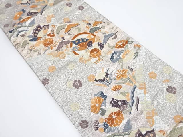 蝶・八つ橋・草花模様織り出し袋帯【中古】【着】