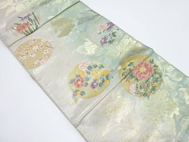 四季草花模様織り出し袋帯【中古】【着】