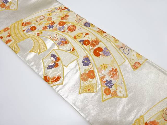 熨斗に花・蝶模様織り出し袋帯【中古】【着】