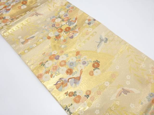 蛇籠に鴛鴦・草花模様織出し袋帯【中古】【着】