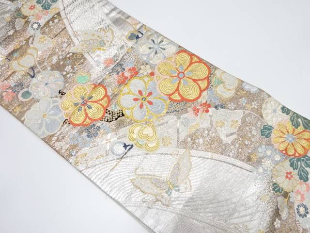 捻じ梅に蝶模様織出し袋帯【中古】【着】
