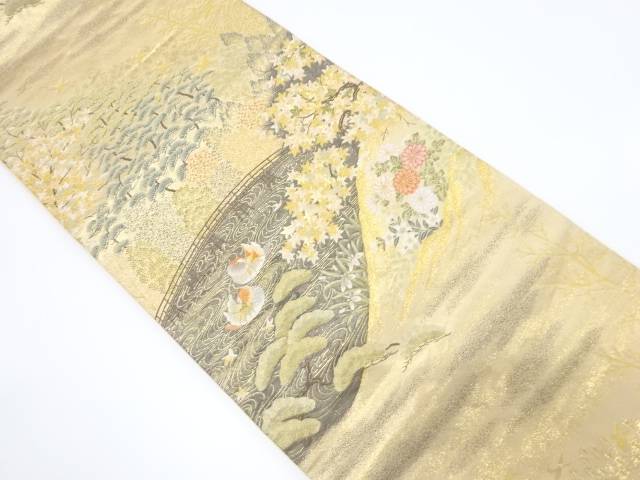 本金二重箔　鴛鴦に橋・草花模様織り出し袋帯【中古】【着】