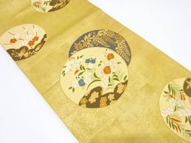 丸に菊藤・枝梅模様織出し袋帯【中古】【着】