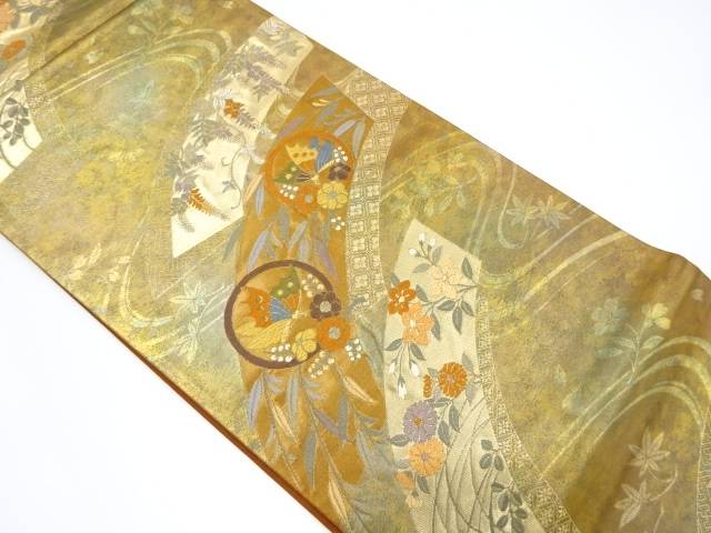 地紙に蝶・藤・枝梅模様織出し袋帯【中古】【着】