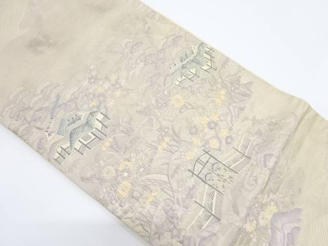 家屋風景模様織り出し袋帯(材料)【アンティーク】【中古】【着】
