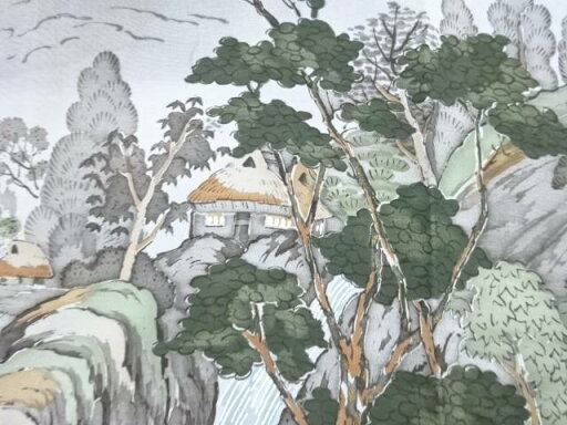 山里風景模様男物長襦袢【アンティーク】【中古】【着】 山里風景模様男物長襦袢【アンティーク】【中古】【着】