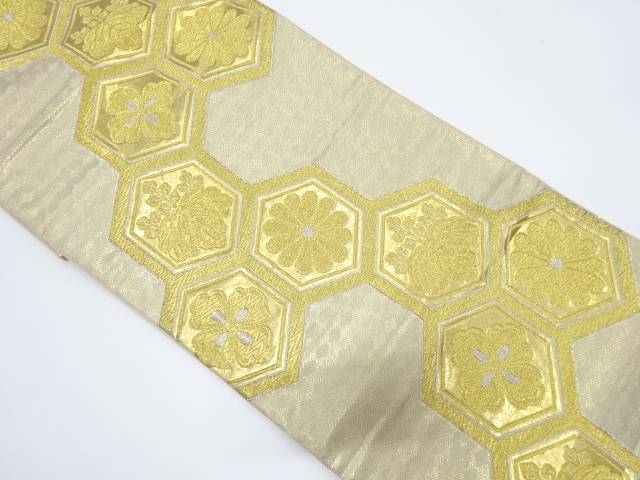 亀甲に桐・菊模様織り出し袋帯（材料）【アンティーク】【中古】【着】