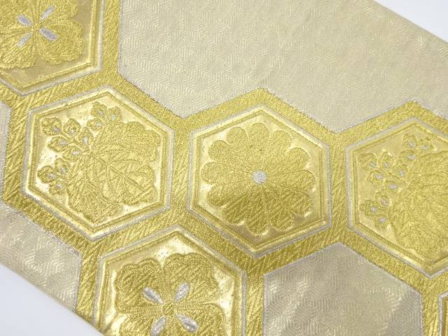 亀甲に桐・菊模様織り出し袋帯（材料）【アンティーク】【中古】【着】