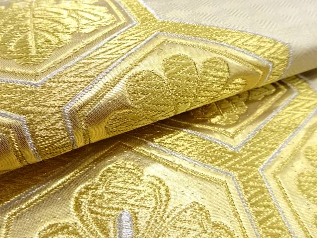 亀甲に桐・菊模様織り出し袋帯（材料）【アンティーク】【中古】【着】