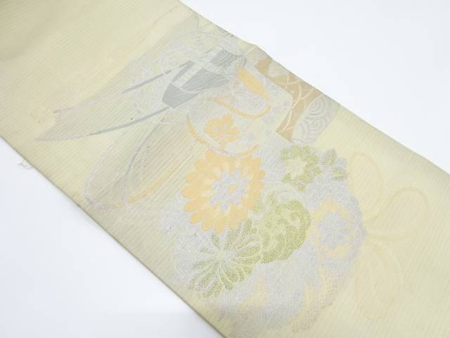 絽 貝桶に花薬玉模様織り出し丸帯(材料)【アンティーク】【中古】【着】