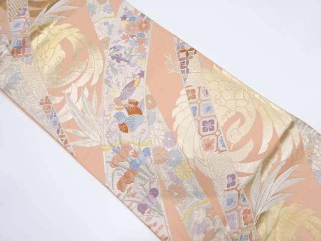 竹に鳳凰・花鳥模様織り出し袋帯(材料)【アンティーク】【中古】【着】【sp_off】