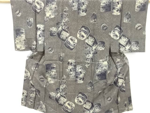 唐獅子に鐘模様男物長襦袢【アンティーク】【中古】【着】