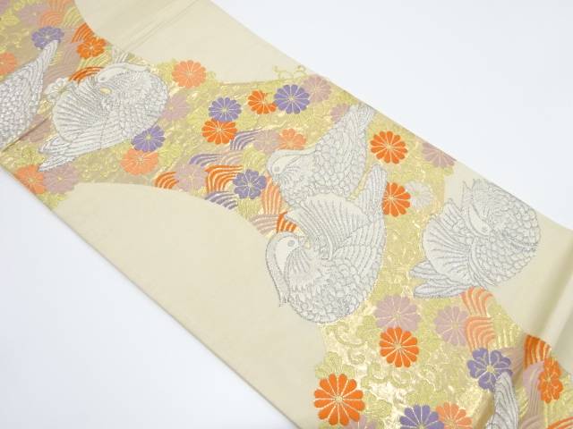 鴛鴦に菊唐草・桜模様織り出し袋帯(材料)【アンティーク】【中古】【着】【sp_off】