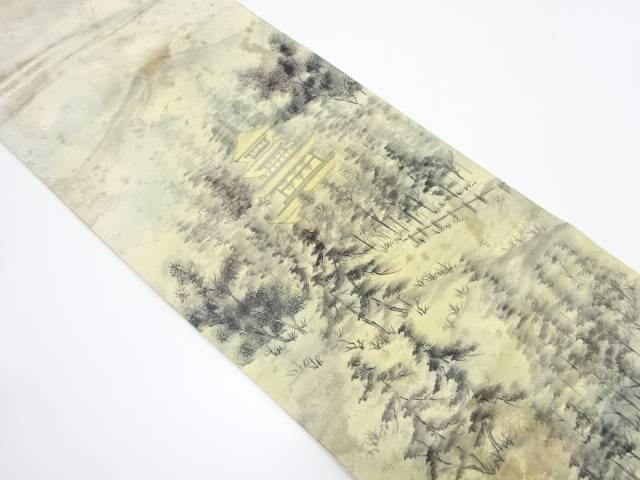 作家物 手描き寺院風景模様刺繍袋帯(材料)【アンティーク】【中古】【着】
