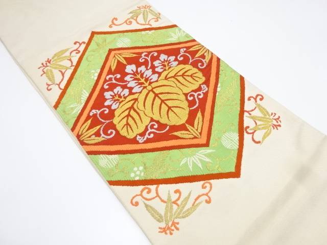 菱に桐・笹模様織出し丸帯(着用可)【アンティーク】【中古】【着】