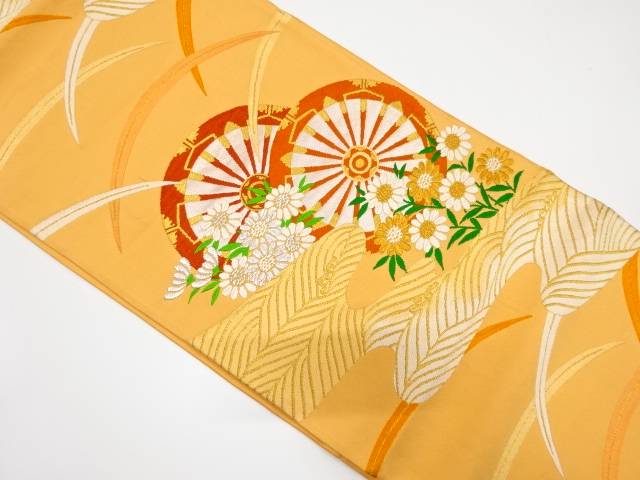 源氏車に芝草・菊模様織り出し袋帯【中古】【着】