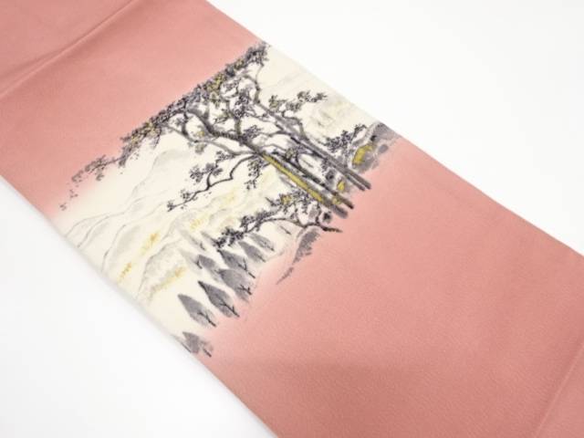 未使用品 山科春宣作 縮緬地手描き樹木風景模様名古屋帯【着】