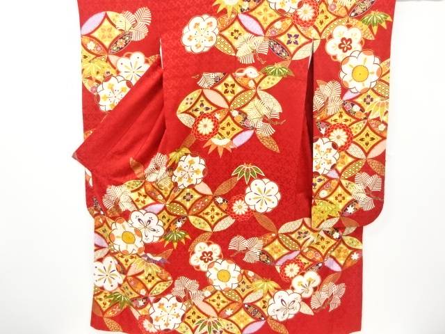七宝に松竹梅模様刺繍振袖【中古】【着】