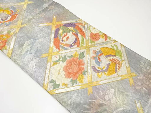 佐賀錦格天井に花蝶・鳳凰模様織出し袋帯【中古】【着】 佐賀錦格天井に花蝶・鳳凰模様織出し袋帯【中古】【着】