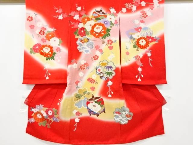 糸巻きに牡丹・菊・枝梅模様子供着物【中古】【着】【sp_off】