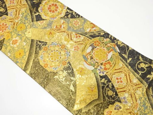 束ね熨斗に華紋・花鳥模様織り出し袋帯【中古】【着】 束ね熨斗に華紋・花鳥模様織り出し袋帯【中古】【着】