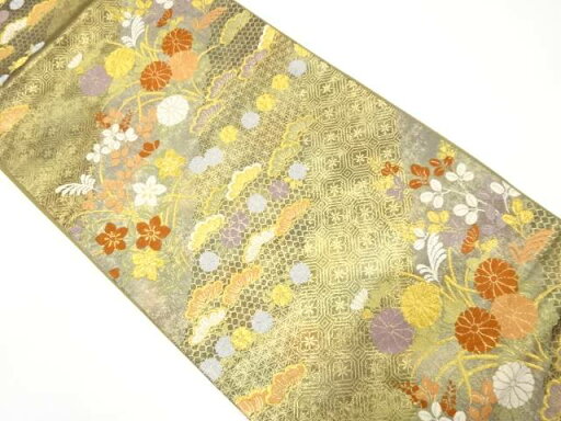 引箔 道長取りに萩・菊・桔梗模様織り出し袋帯【中古】【着】 引箔 道長取りに萩・菊・桔梗模様織り出し袋帯【中古】【着】