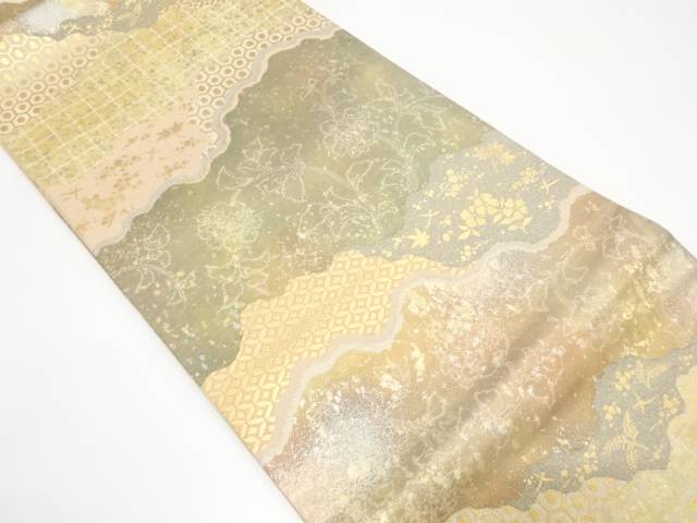 道長取りに草花・箔散らし模様織り出し袋帯【中古】【着】
