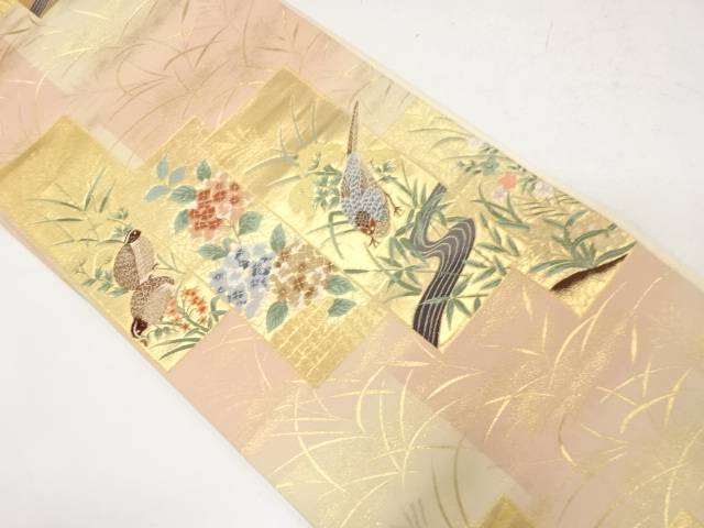 短冊に花鳥模様織り出し袋帯【中古】【着】