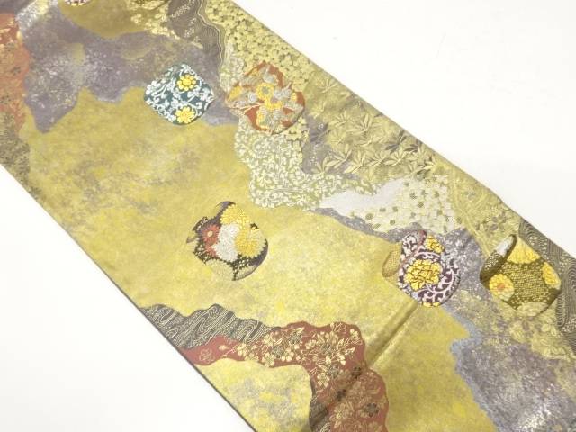 引箔 棗道長文織り出し袋帯【中古】【着】