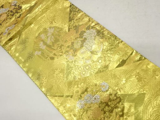 切りばめ風 雪輪に鴛鴦・花模様織り出し袋帯【中古】【着】 切りばめ風 雪輪に鴛鴦・花模様織り出し袋帯【中古】【着】